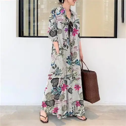 Sommer Maxi Long IRT Dr für Frauen Plus Größe Big Street Sle Lose Taille Polyester Faser Lange Sve Ne Kleid