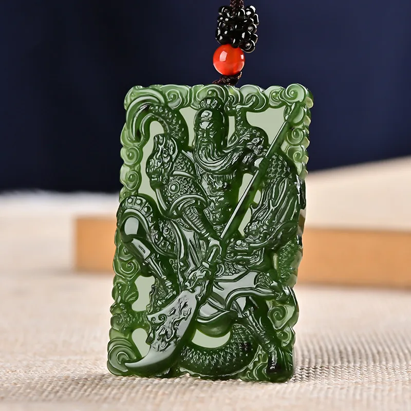 Fine Jewelry Natural Hetian Nephrite Jade  Spinach Green Double sided Carving Guan Gong Jade Pendant