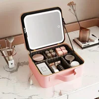 Bolsa de maquillaje de viaje con espejo iluminado, estuche de tren LED con ajuste de 3 colores, organizador de bolsa de cosméticos con tablero de cepillo divisor ajustable