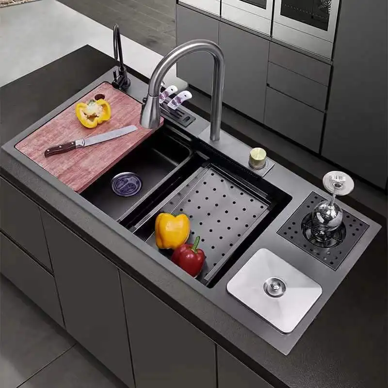 Waterfall Kitchen Sink Stainless Steel Large Size Single Slot Multifunctional Nano Sink With Trash Can High-Pressure Cup Washer