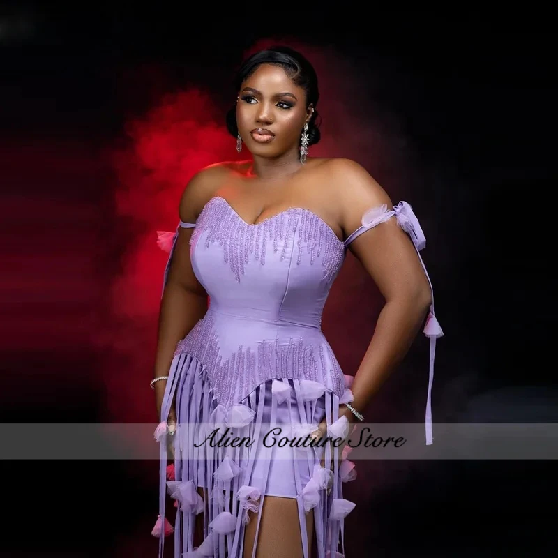 

Purple Flowers Tassels Mermaid Prom Dresses Off The Shoulder Beads See Through Sexy Evening Dress For African Women