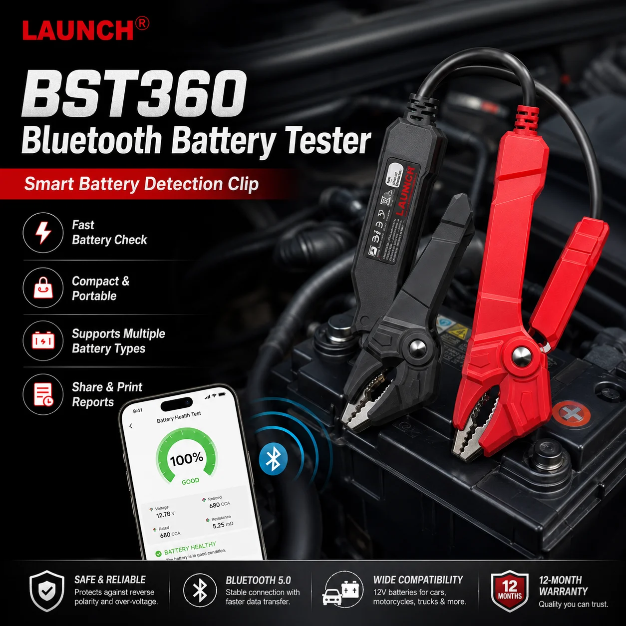 LAUNCH BST360 1pcs Bluetooth Car Battery Tester 6V 12V 2000CCA, Automotive Voltage Analyzer Clip for X431 Scanner & Android/iOS