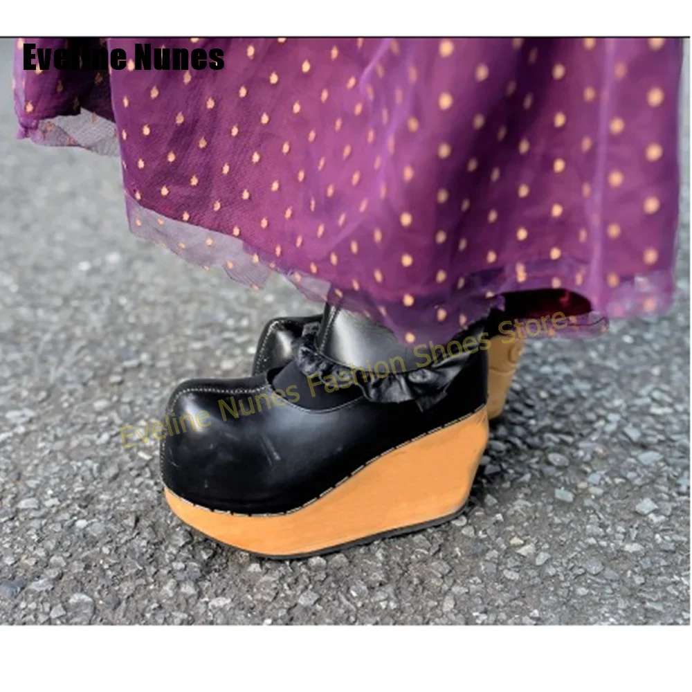 Trendy Gothic Lolita Women Wedge Pumps Round Toe Faux Wood Sole Ruffle Y2K Street Style Women Ankle Boots Street Style 2026 New
