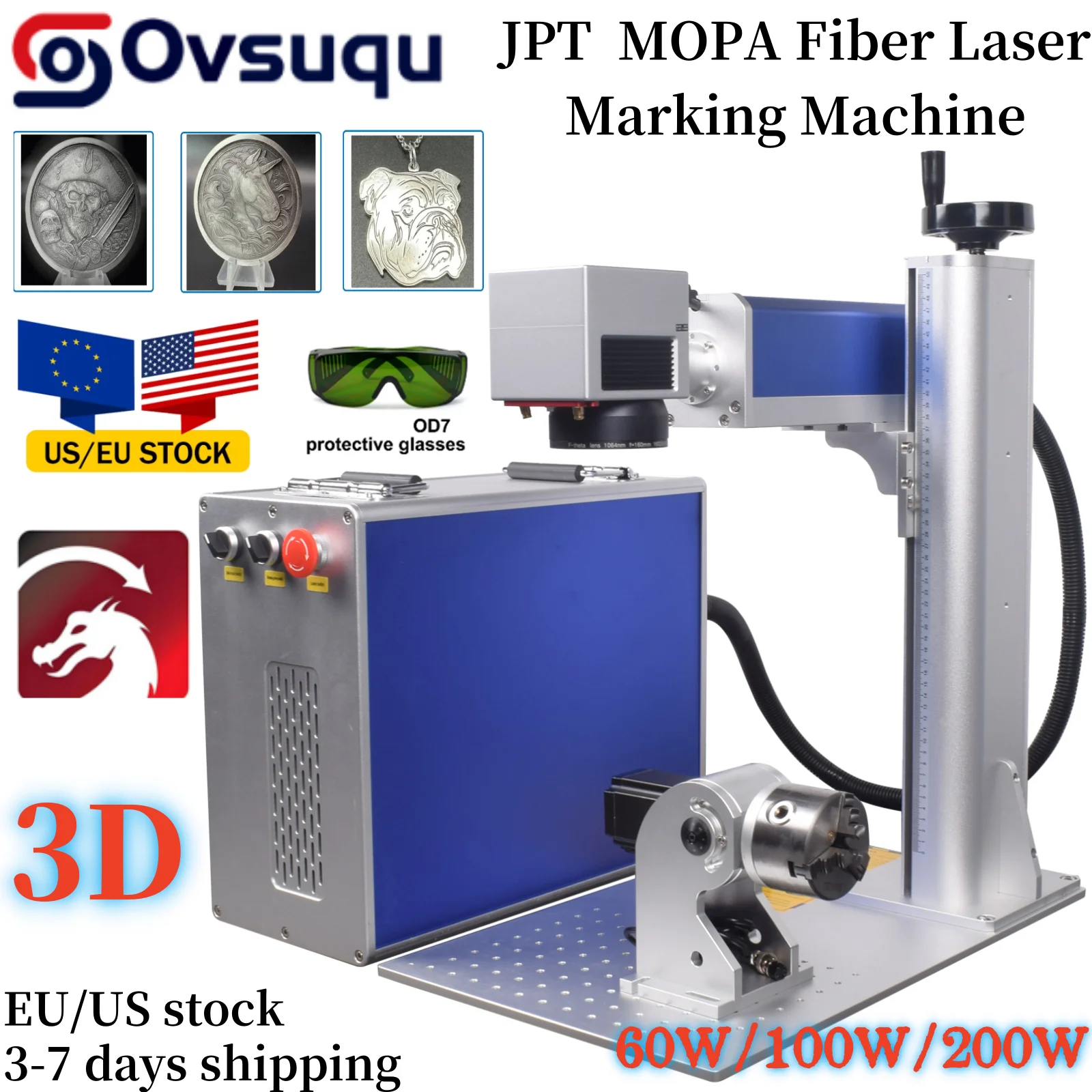 3D JPT Mopa E2 60W/100W/200W Air-cooled Portable Fibre Laser Marking Machine Laser Engraving Machine No Harming On the Substrate