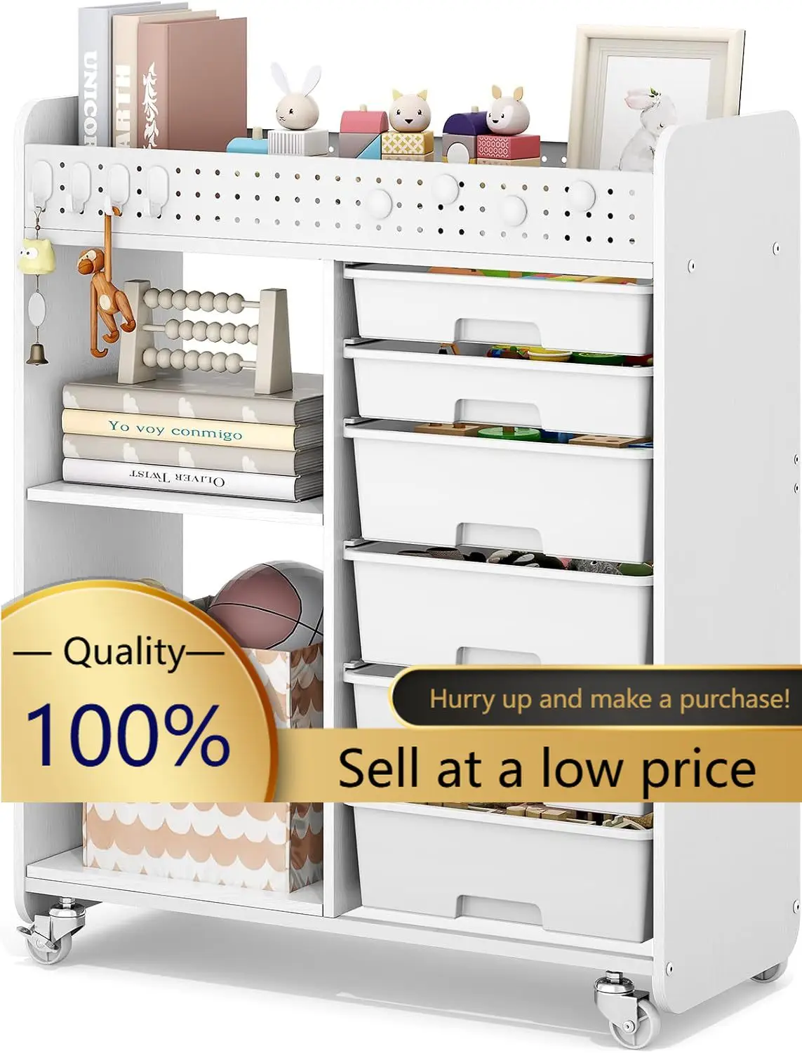 Rolling Craft Cart with 6 Drawers, Pegboard and Locking Wheels White | Ample multi-zone storage, 2 open shelves, art cart for cl