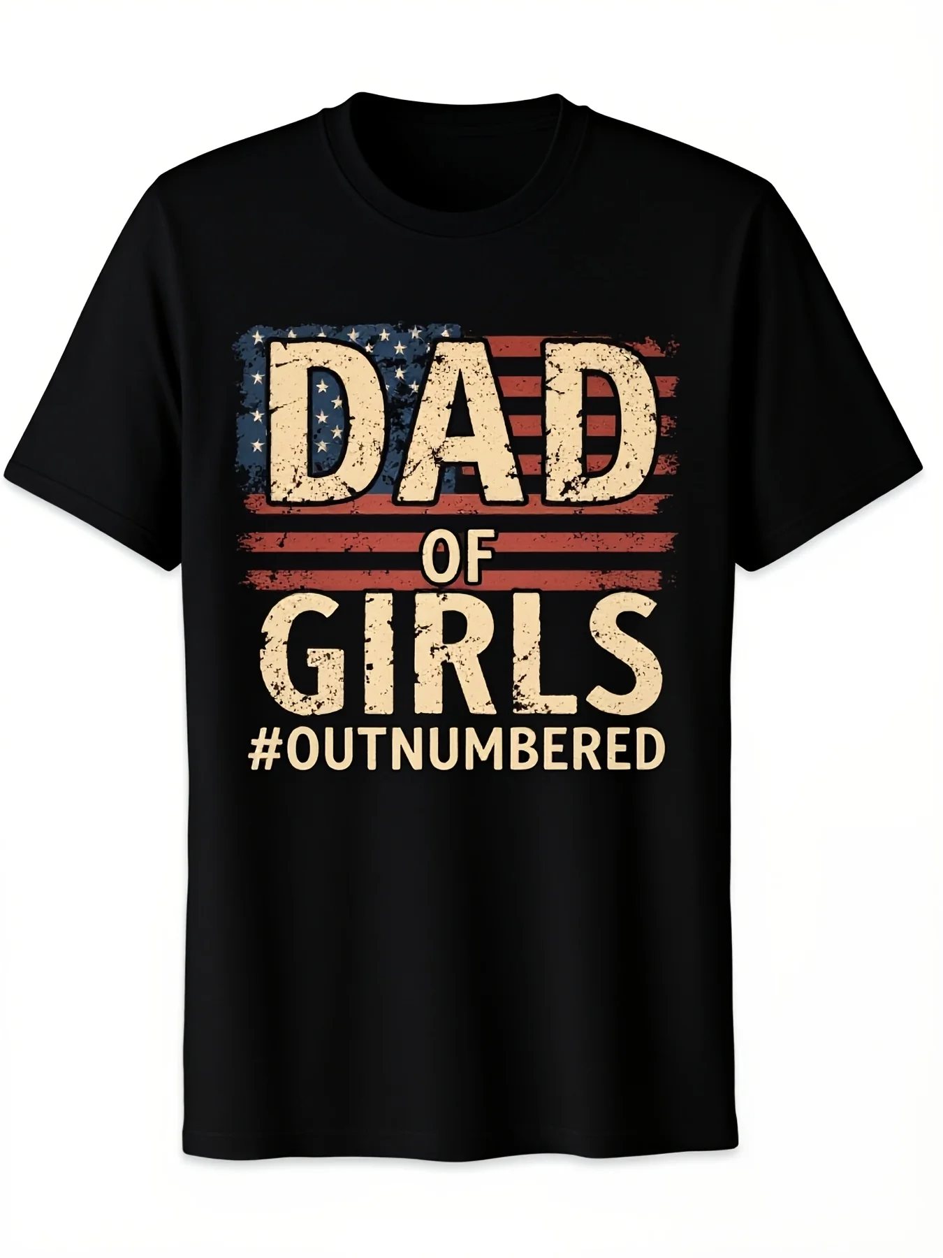 Men's Dad of Girls Outnumbered T-Shirt - Retro American Flag Girls Hashtag Design, Father's Day Gift for Dads with Multiple Daughters, Comfort Fit Crew Neck Casual Shirt Suitable for Daily Wear, Black with Printed Pattern