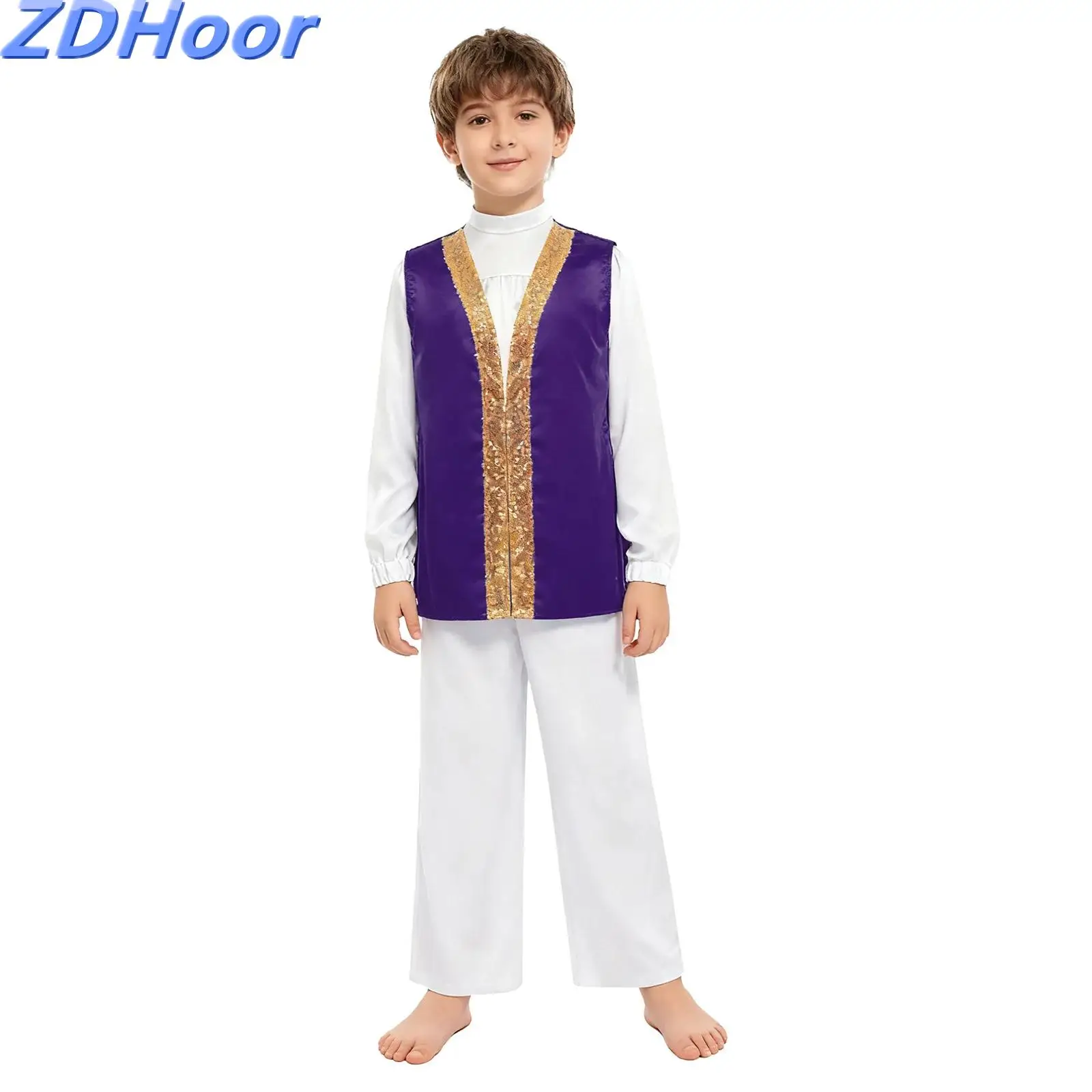 

Kids Boys Praise Dance Outfit Invisible Zipper Satin Top with Wide-Leg Pants And Contrast Color Sides Split Sequins Robe