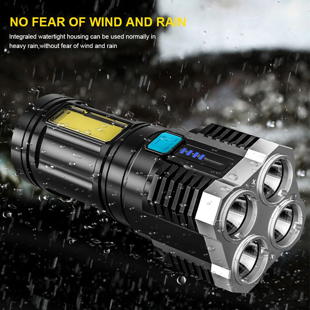 Spotlight Four Core LED Strong Light Flashlight, Household USB Charging, Portable Flashlight, Outdoor Long-range COB Side Light