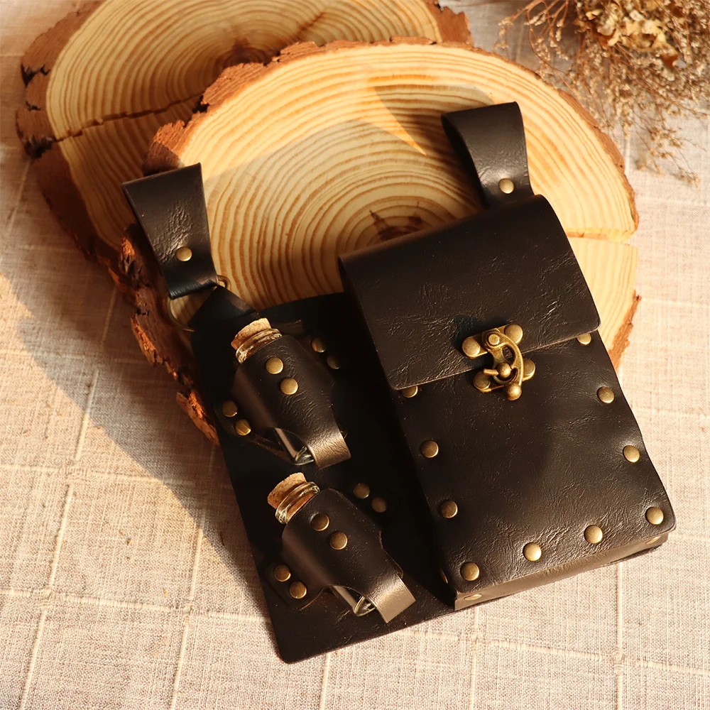 Set sabuk kulit imitasi inspirasi Renaissance elegan dengan tas pinggang botol obat untuk kostum Halloween festival abad pertengahan