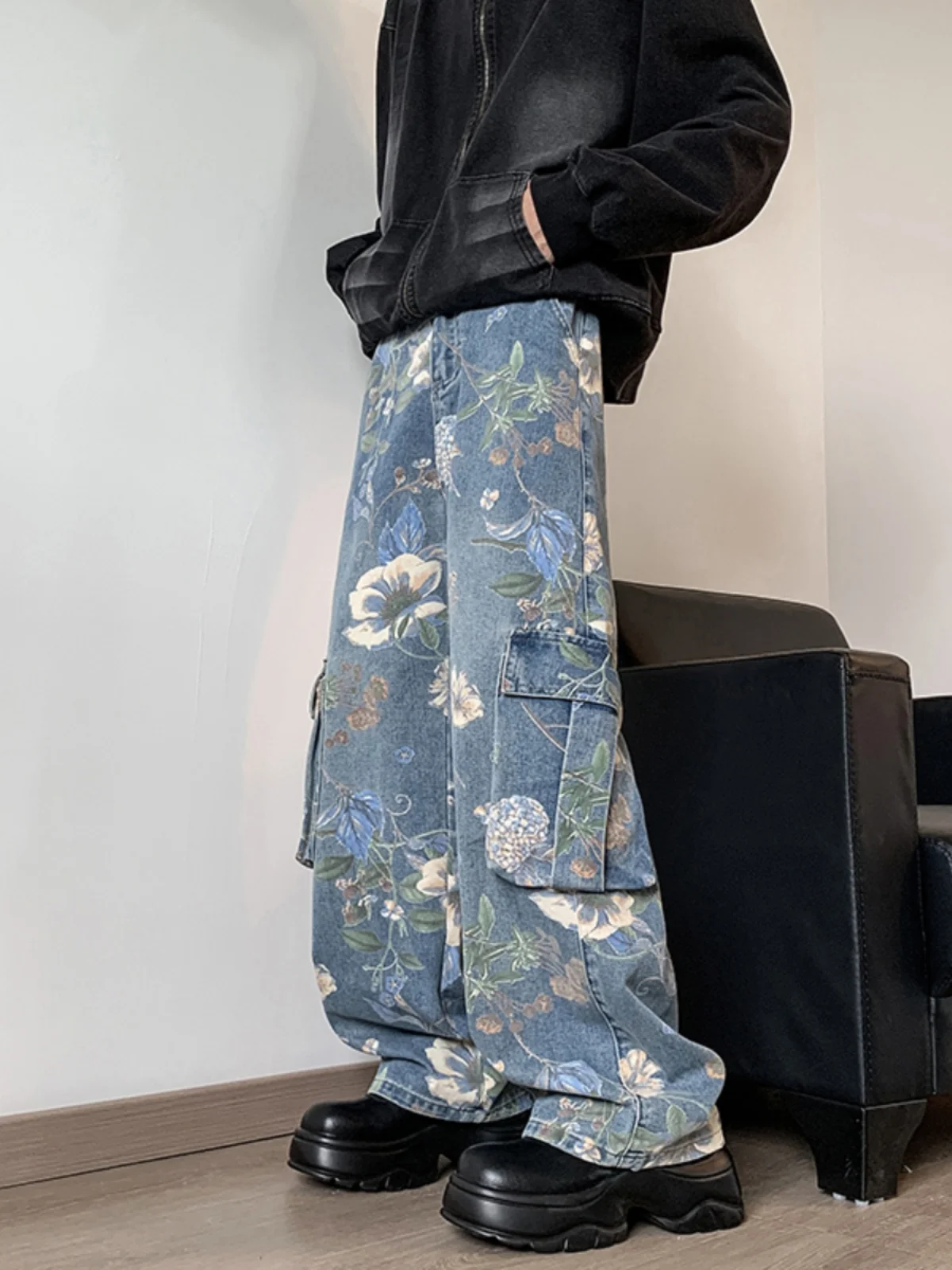 

Digital Print Workwear Jeans Men's Spring Autumn Loose Straight Leg Wide Leg Pants American Hiphop Couple's Micro Flare Pants