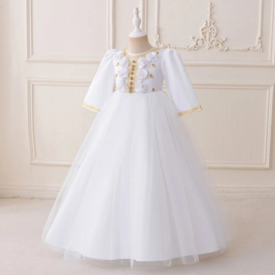 2026 Luxury Muslim Ramadan Prayers Girl White Party Dress Long Sleeve Robe Arab Dresses Eid Children Evening Prom Costume ASQ03 view 3