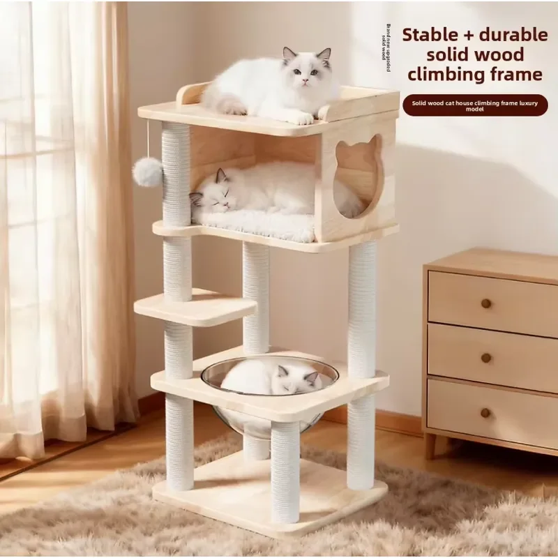 Solid Wood Cat Climbing Rack Cute Wear-resistant 4-level Four-season Cat Nest Jumping Platform for Household
