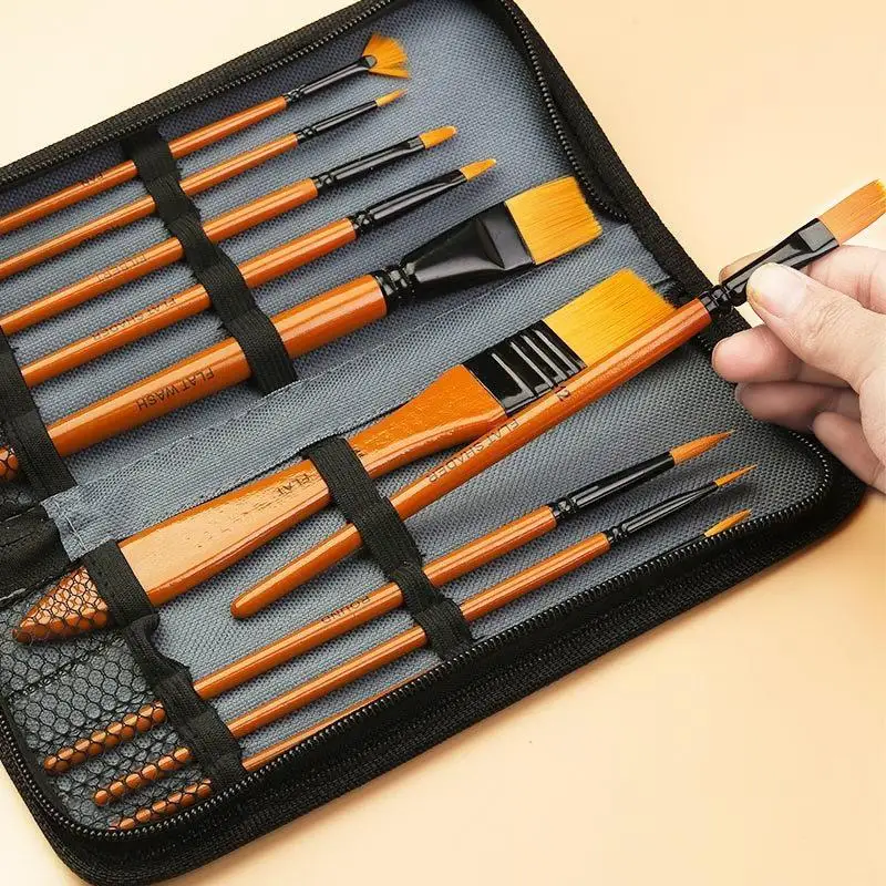 10 Piece Orange Rod Multifunctional Nylon Brush Set With: Canvas Bag Watercolor Acrylic Oil Painting Tools