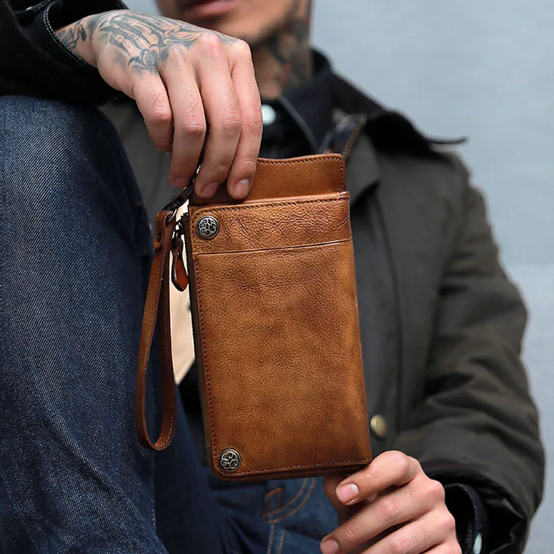 AETOO  Handmade vintage cowhide long purse Japanese and Korean card bag men's long large capacity zipper mobile phone bag men's