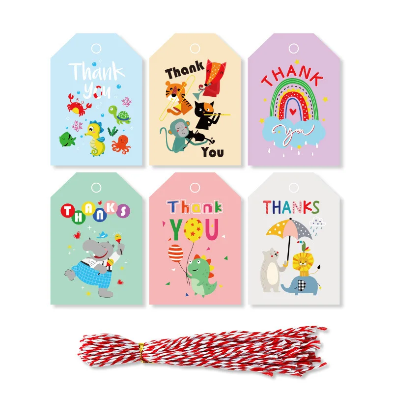 

48/96pcs 5.8x4cm Colorful Paper Tag Thank You Gift Packaging Label Cute Animals Arts Crafts Wedding Thanksgiving Birthday Party