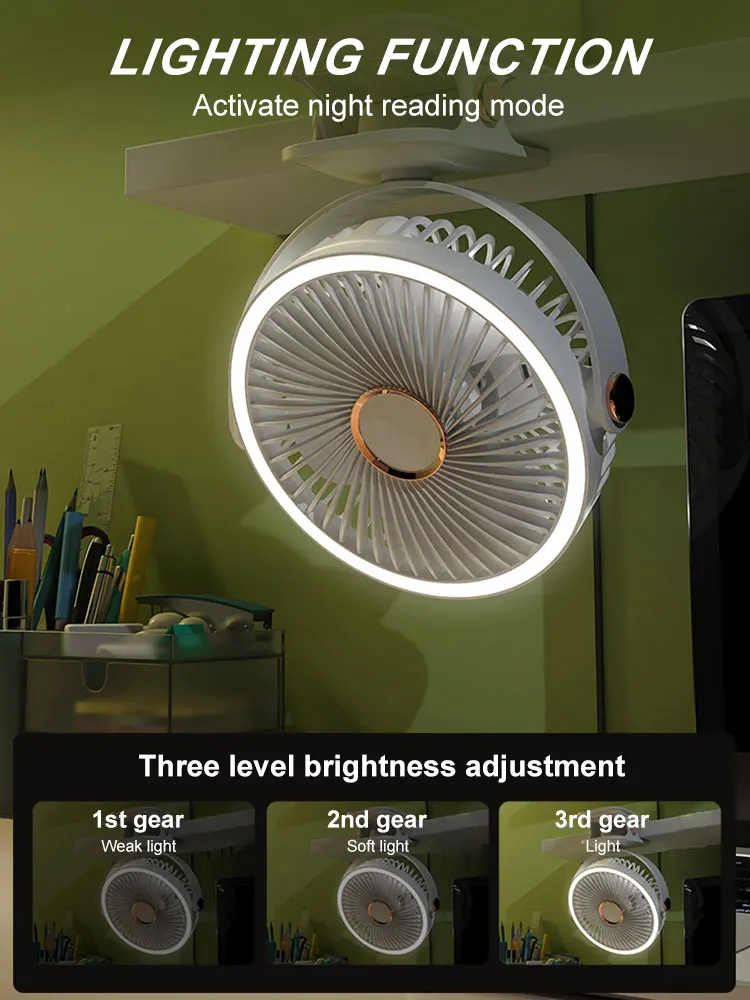 ポータブルクリップオンファン、長持ちする充電式バッテリー、優れたLEDランタン、360回転、5スピード、便利