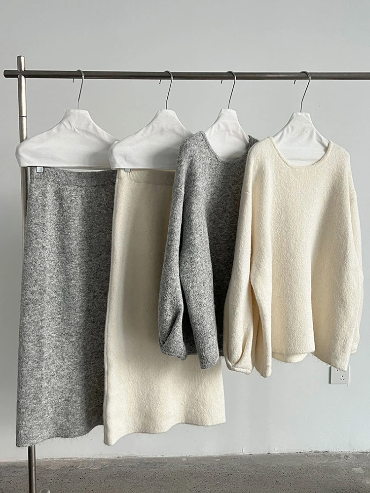 YERMORA Winter New Women Two Pieces Set Gray Back Button Sweater Loose High Elastic Waist Skirt Fashion Tide Autumn Winter 2025