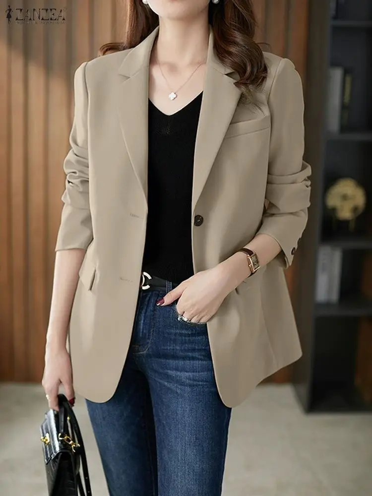 

ZANZEA элегантные офисные женские куртки женские осенние с длинным рукавом с лацканами и воротником на пуговицах однотонные пиджаки повседневная одежда для поездок на работу