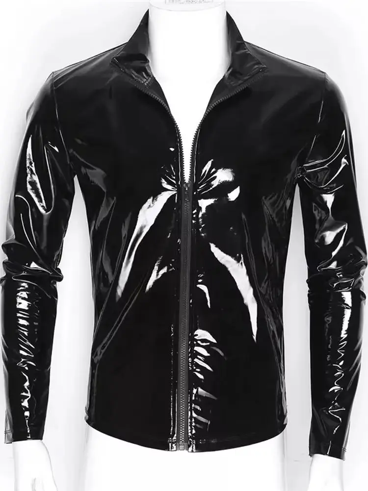 S-7XL Wet Look PVC Long Sleeve Tshirt Shiny PU Leather Motorcycle Jacket Veste Tights Zipper Casaco Jaqueta Chaqueta Hip Hop Tee 17$