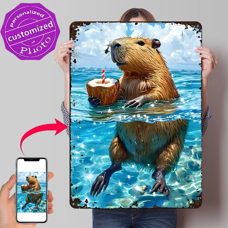 Capybara Enjoying a Coconut Drink in Ocean Personalized 3D Textured Metal Poster Wall Art Tinplate Sign for Funny Signs Man Cave