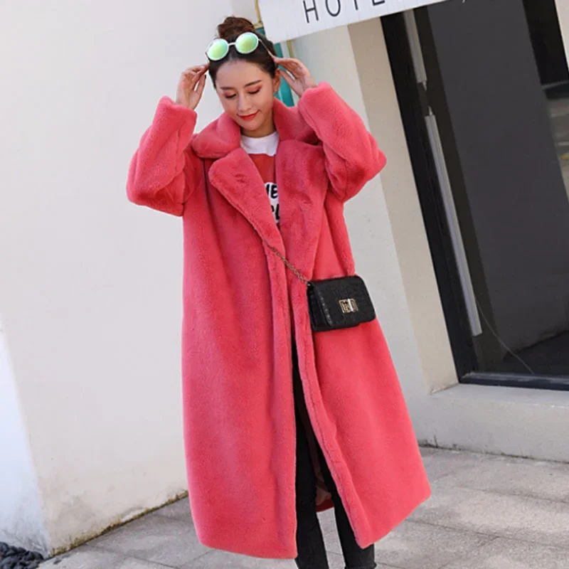 Alta qualidade inverno feminino falso casaco de pele de coelho luxo meados de comprimento solto lapela casaco casual grosso quente feminino pele outwear