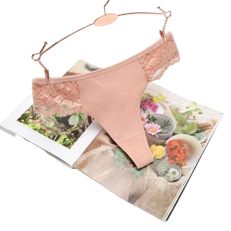 3ks/sada dámských bavlněných tang, dámských kalhotek, prodyšných, jednobarevných, tanga, krajkového lemování, pohodlného sexy spodního prádla - náhled 3