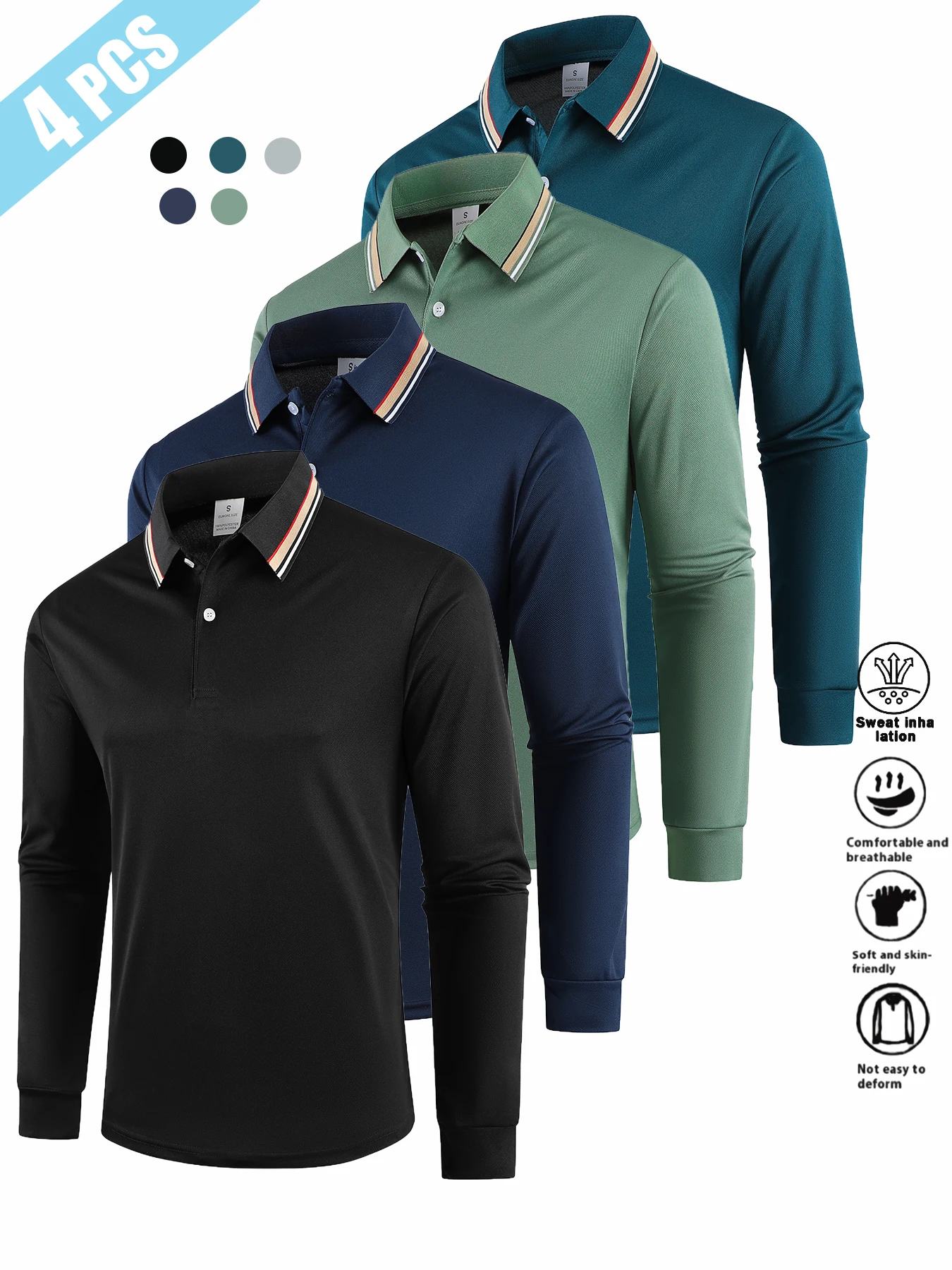 

Мужская рубашка-поло с длинным рукавом, 4 предмета в комплекте, весенне-осенняя, с полосатым разноцветным узором, повседневная спортивная одежда, мужской топ. Очень