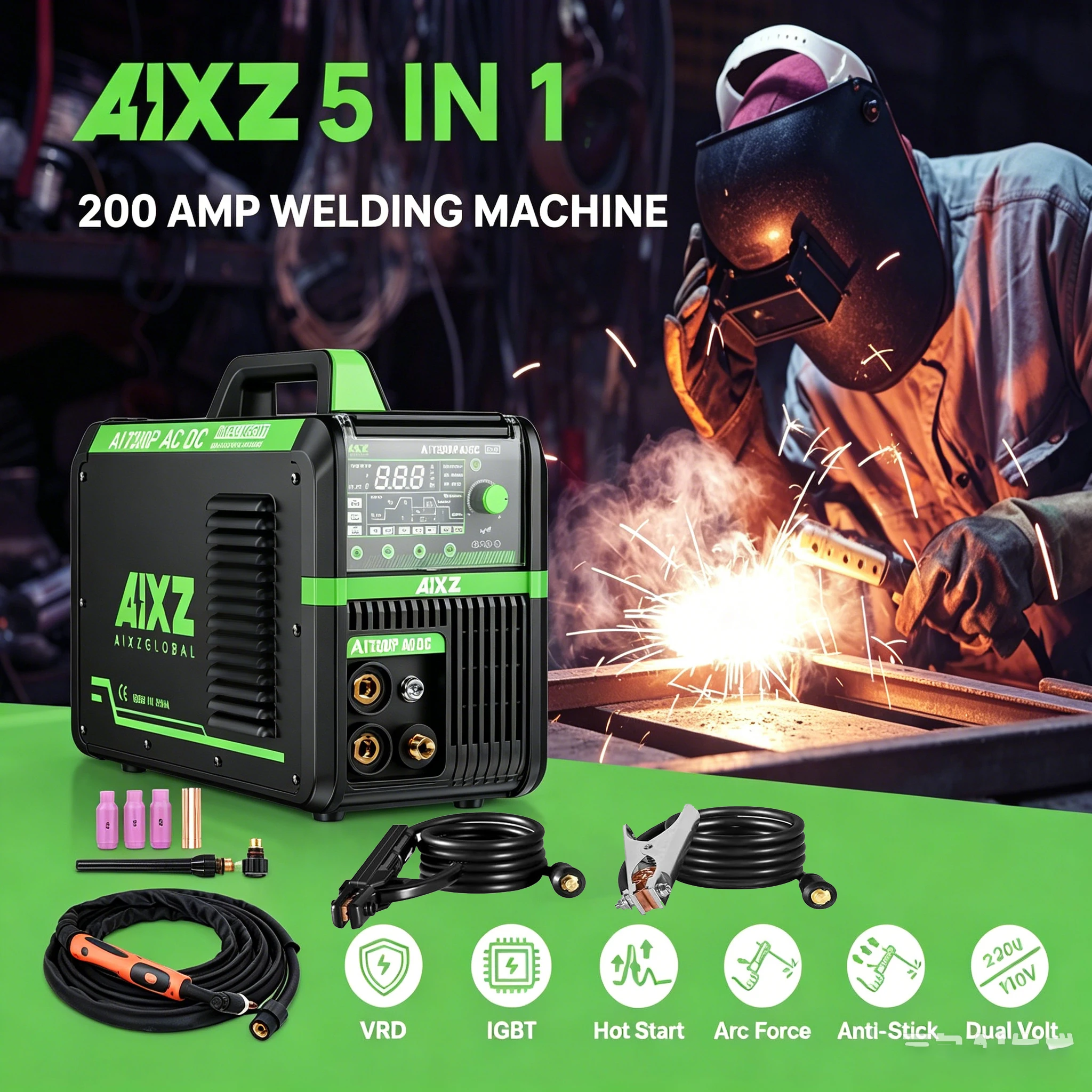 AIXZ AIT200P AC DC TIG Welder 5 in 1 Pulse TIG/MMA Stick Welding Machine Dual Voltage 110V/220V Aluminum Welder 2T/4T Spot Weld IGBT Inverter with Dustproof Control Panel VRD Arc Force Hot Start