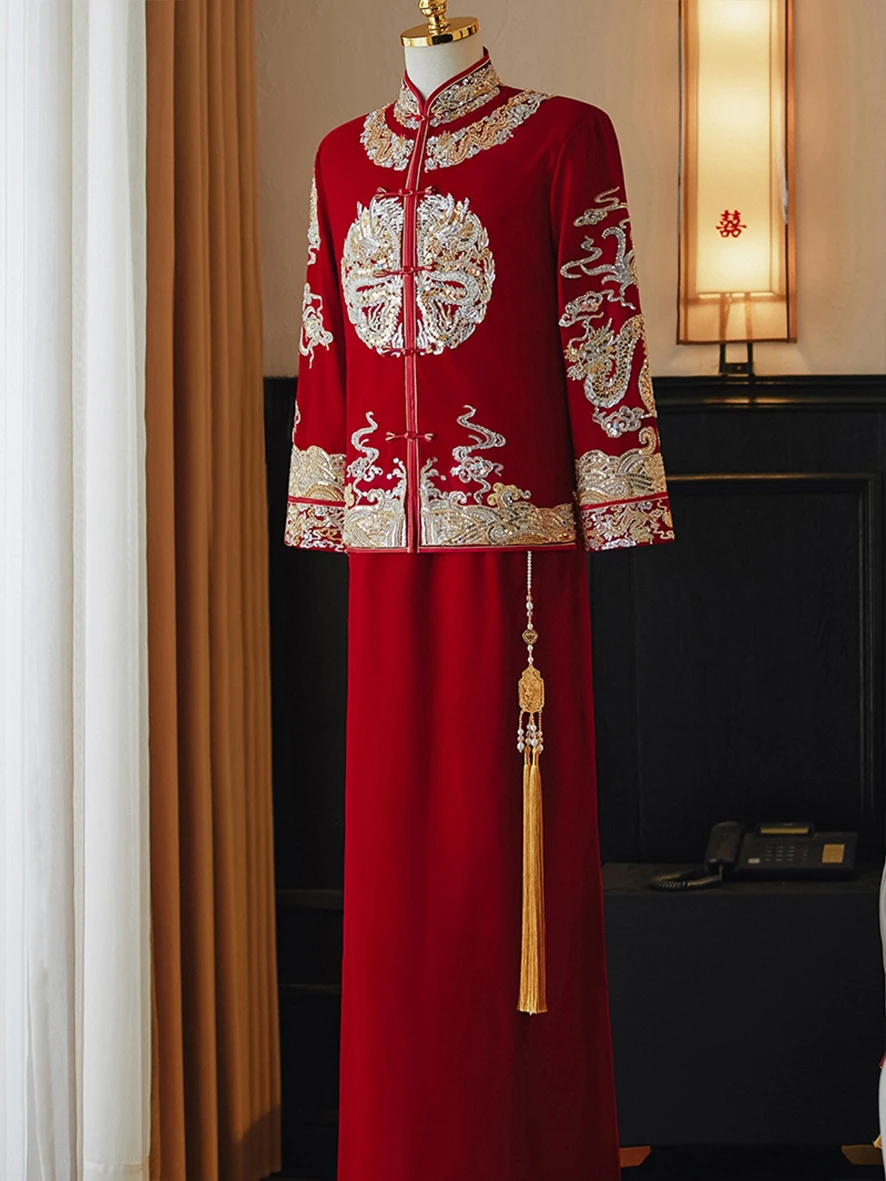 

Xiuhe Clothing Men's Bridegroom High-End Chinese Wedding Dress New Velvet Autumn and Winter
