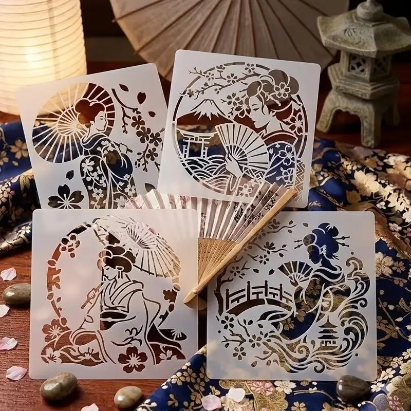 〔NN71〕4Pcs Reusable Japanese Geisha Cherry Blossom Mount Fuji Stencils For DIY Home Wall Fabric Painting