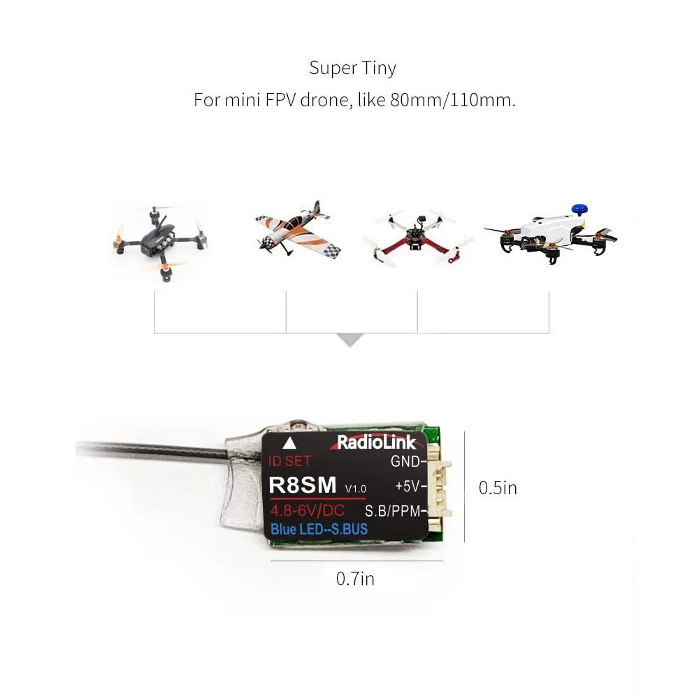 Radiolink 2.4 GHz R8SM 8 Canais Receptor RC Super Mini Tiny SBUS/PPM para Mini Drone Funciona com Controlador de Transmissor T8FB/T8S