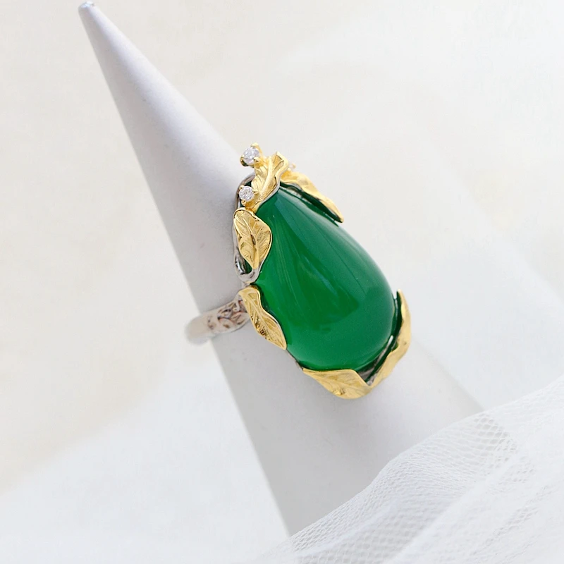 

Authentic 925 Sterling Silver Rings Inlaid Natural Green Chalcedony Retro Creative Opening Ring Lady National Style Jewelry Gift