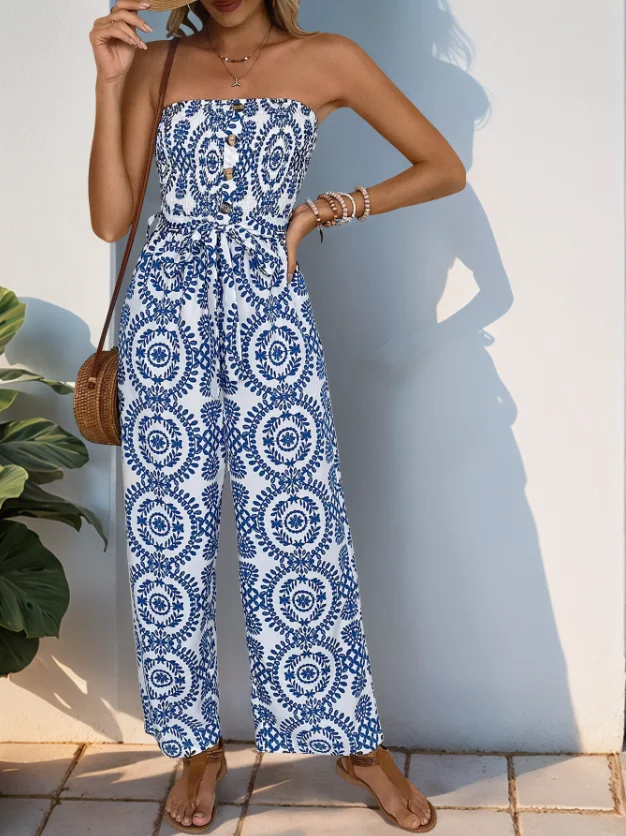 

Jumpsuit Woman 2025 Summer New Elegant Fashion Blue Abstract Print Strapless Button Elastic Loose Urban Wide Leg Pants Jumpsuit