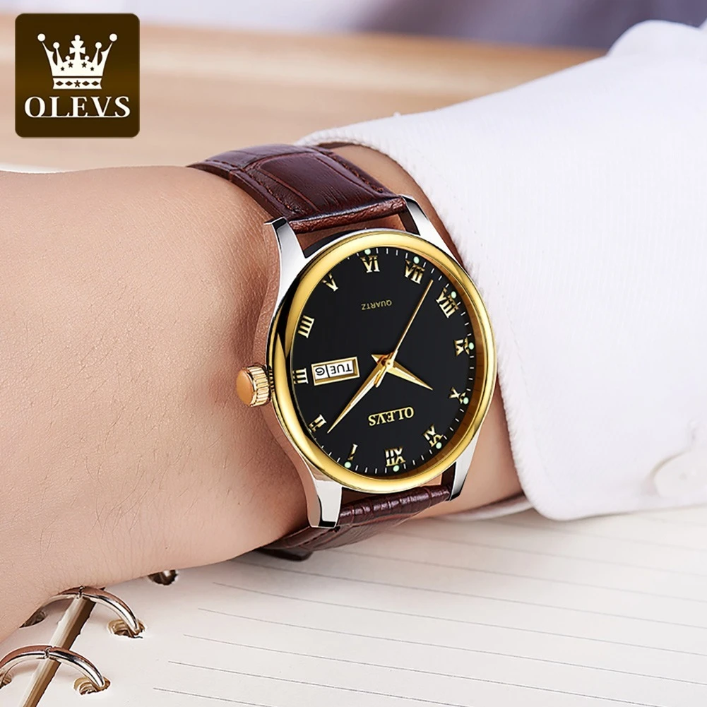 Olevsビジネスクォーツ時計、合金時計バンド、ラウンドダイヤル腕時計、ウィークディスプレイ、カレンダー、発光ギフト、5568