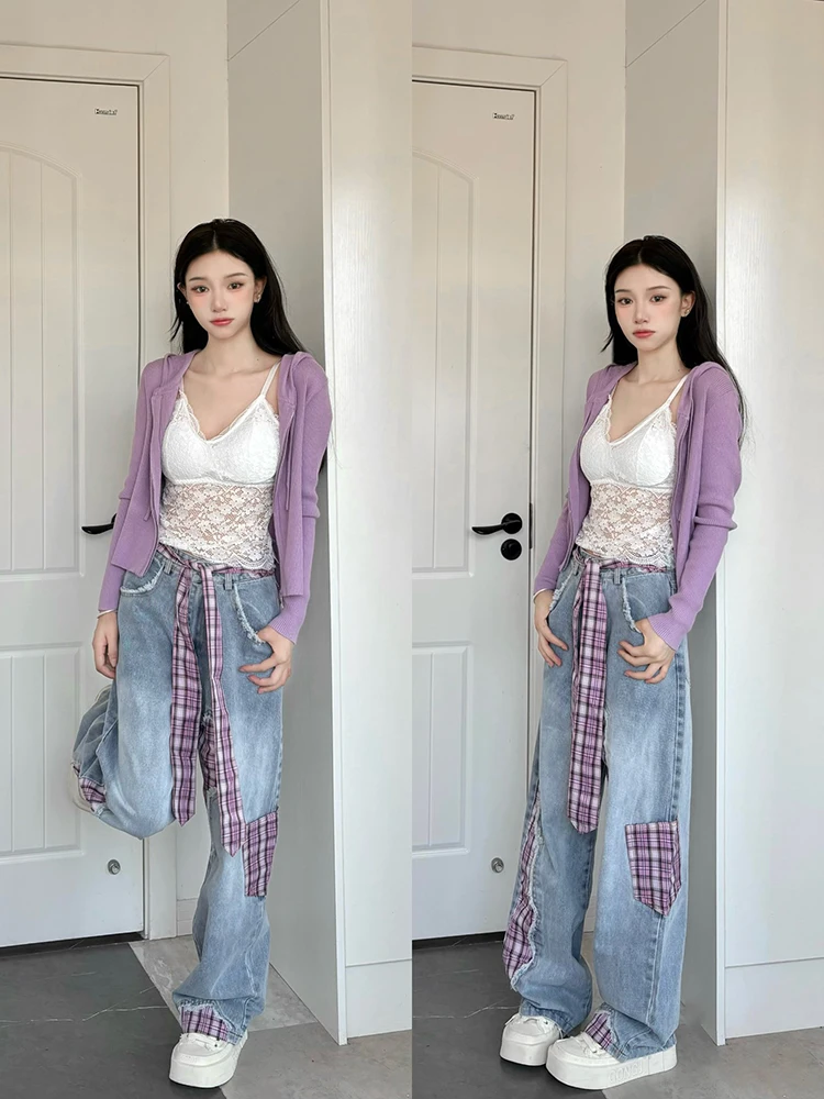 

Американские джинсовые брюки в клетку High Street, женские весенние свободные широкие брюки длиной до пола с узлом