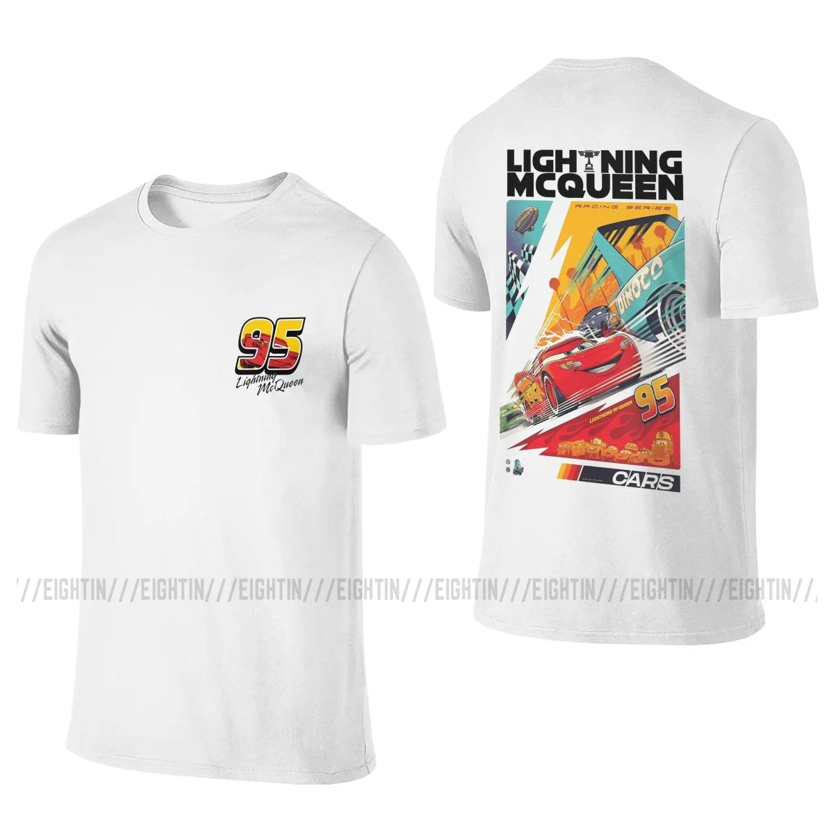 

Front Back Two Sides Lightning McQueen Cars 95 T-Shirts for Men Cotton Tees Crew Neck Short Sleeve T Shirts Printing Clothes