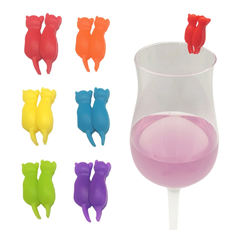 6PCS Creative Wine Glass Markers 3D Cat Shape Party Glass Cup Multicolor Silicone Discriminator Kitten Wine Cup Recognizer