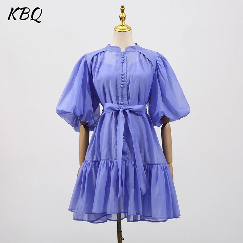 

KBQ Elegant Spliced Button Solid Dresses for Women Stand Neck Short Sleeve Patchwork See Through Loose Dress Female Fashion New