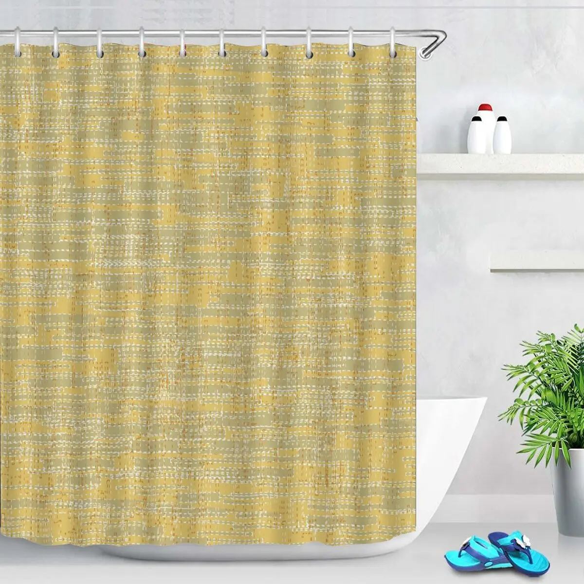 

Blue Striped Bathroom Curtains Off-white Ink Bath Curtains Bathroom Polyester Waterproof Decorative Curtains with Hooks