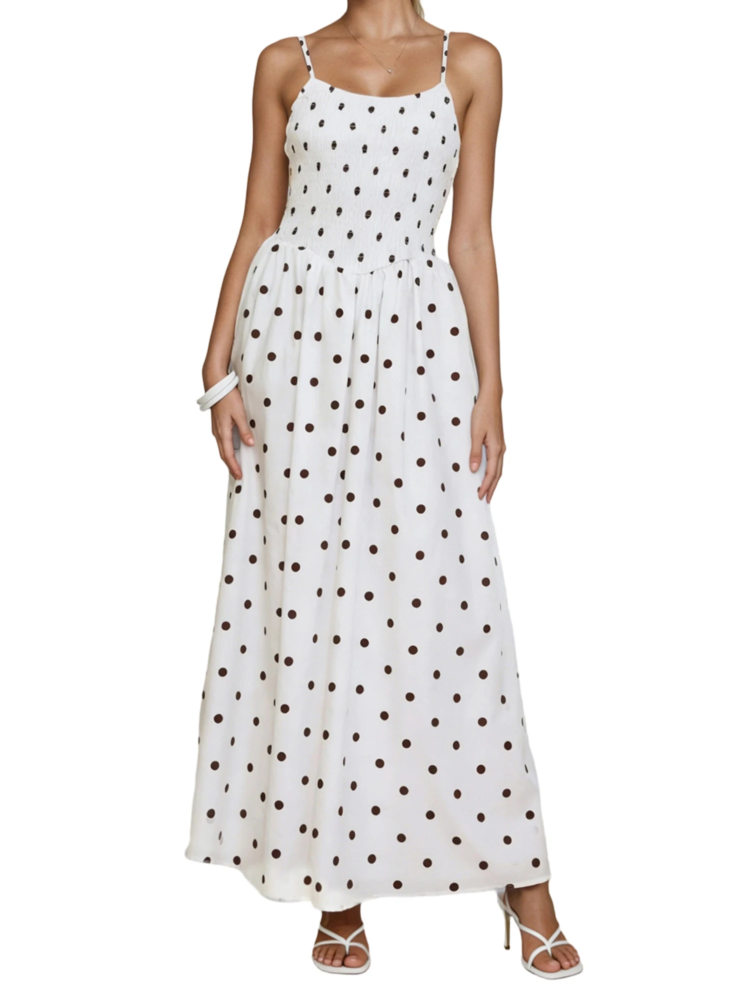 

Женское длинное платье с точечным принтом, без рукавов, на тонких бретельках, летнее модное повседневное платье А-силуэта