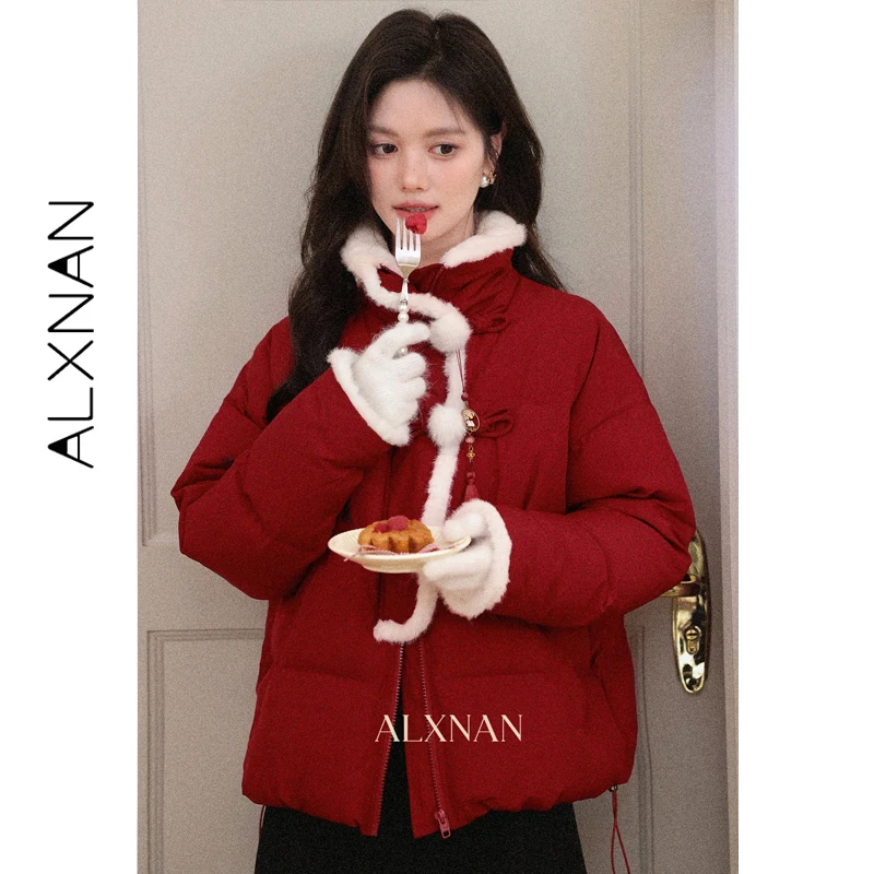

ALXNAN Women's Chinese Style Down Jacket Winter Short Puffer Coat 90% White Duck Down Red Button Lightweight Padded Parka L59355