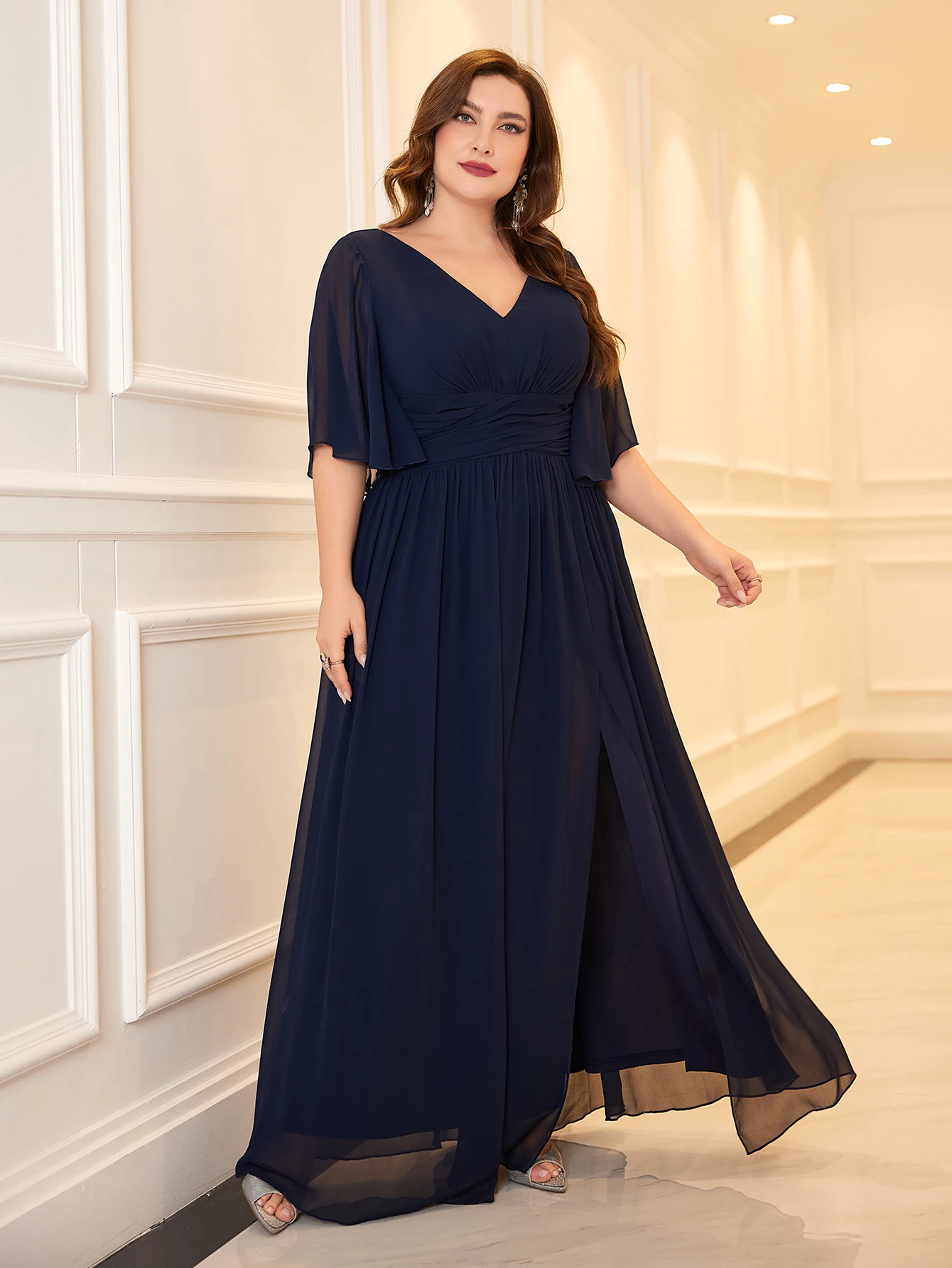 Unithorse Plus SIze Women\'s Butterfly Sleeve V-Neck Bust Ruched High Slit Chiffon Dress