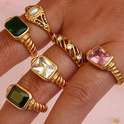 Exquisite Multicolour Crystal Chunky Croissant Texture Rings Gold Plated Geometric Waterproof Ring Wedding Statement Jewelry