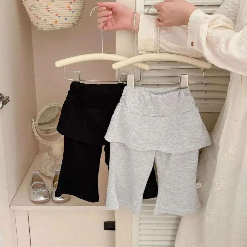 2026 Autumn New Baby Girl Sweet Ruffle False Two Piece Flared Pants Cotton Girls Leggings Solid Children Culottes Infant Clothes