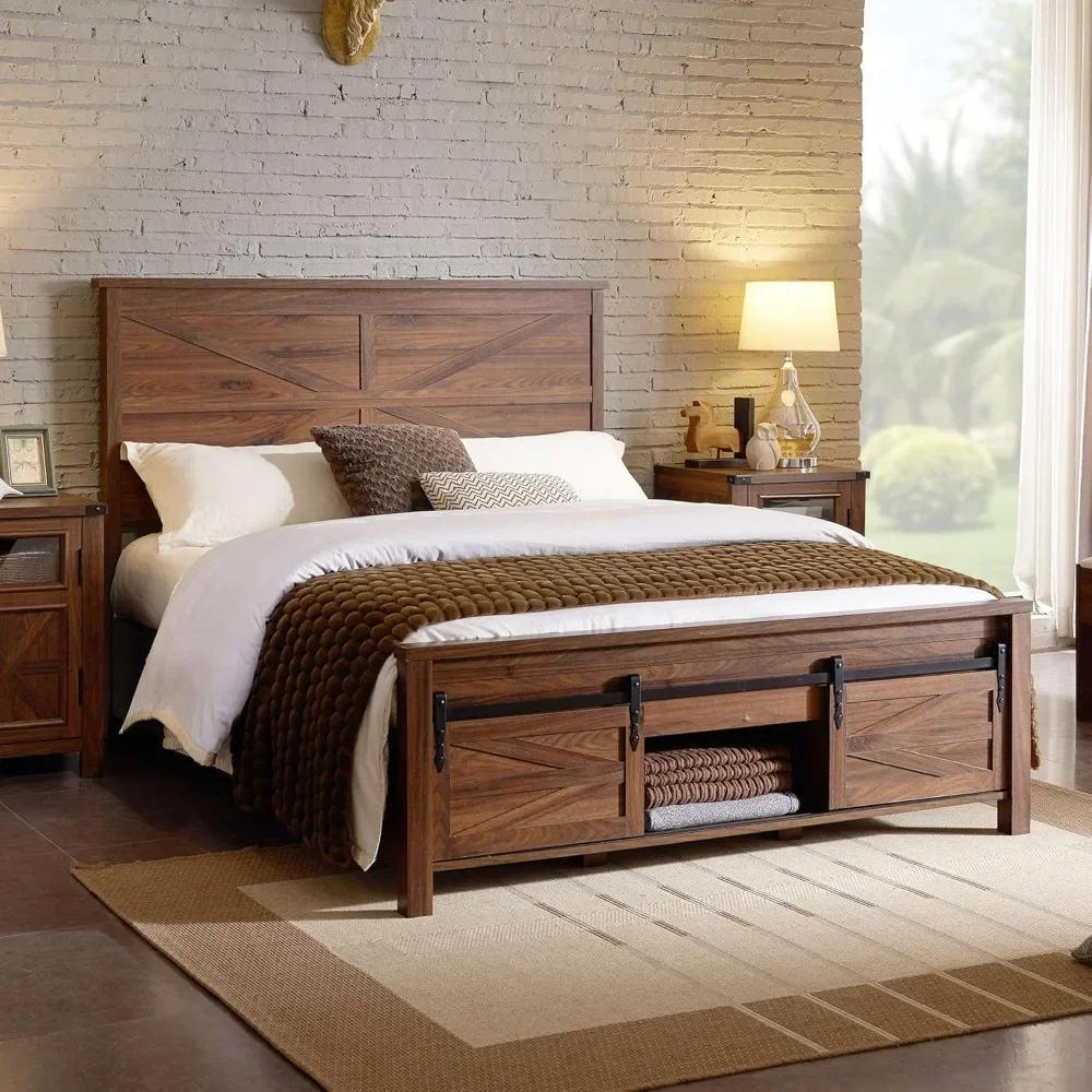 Farmhouse Wood Bed Frame Full Size with Sliding Barn Door Storage Cabinets and Headboard, Solid Wood Slats Support