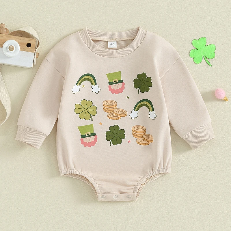 

St Patrick s Day Baby Girl Romper Shamrock Rainbow Print Round Neck Long Sleeve Jumpsuit Toddler Outfit for Irish Festivals