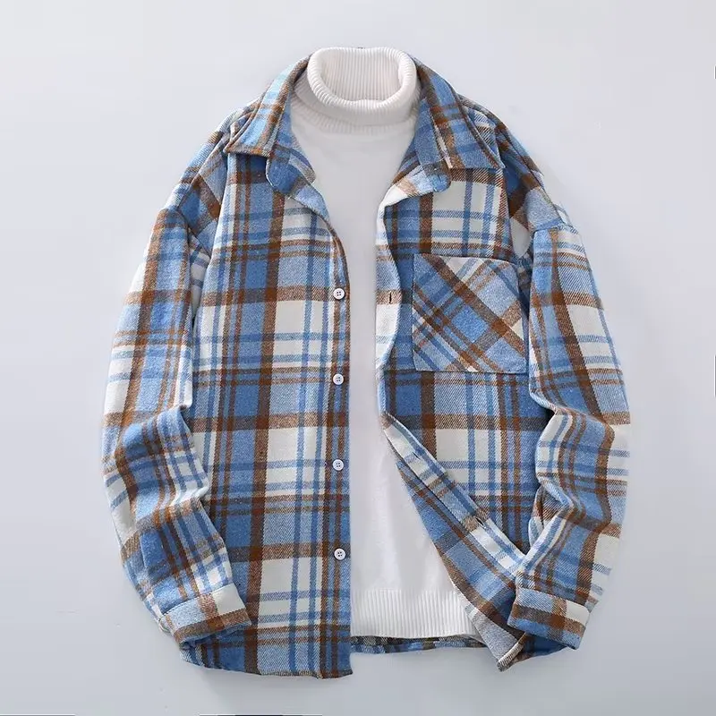 Men's Long Sleeve Solid Color Casual Shirt Korean Loose Trend Polo Shirt with Multi Pocket Printing for Autumn Winter