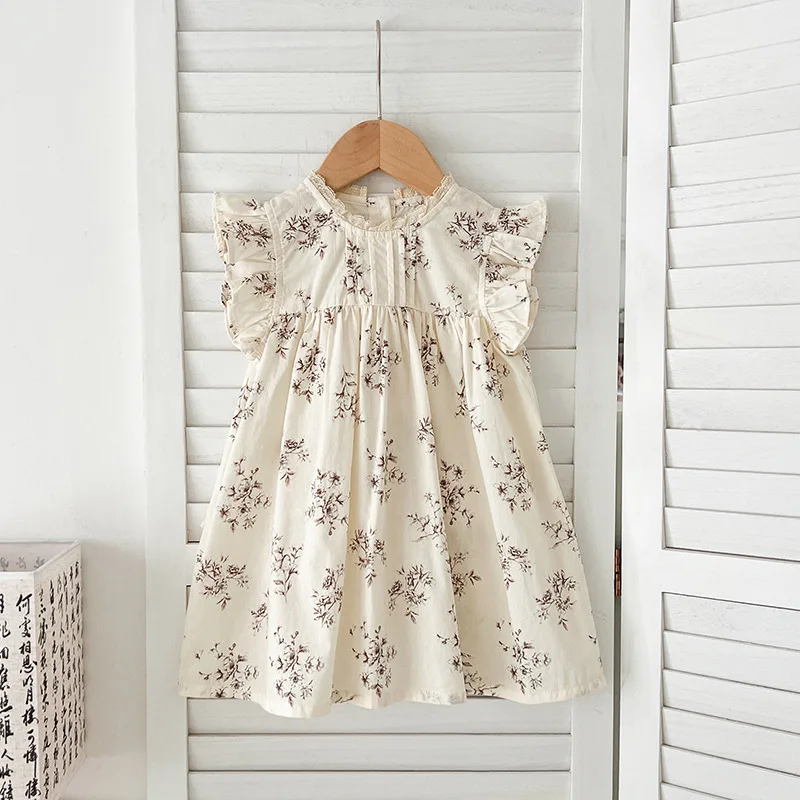 

2025 New Girls Summer Dress Sleeveless Princess Floral Print Lace Baby Toddler Party Outfit Cute Casual Sundress Age 2-6 Years