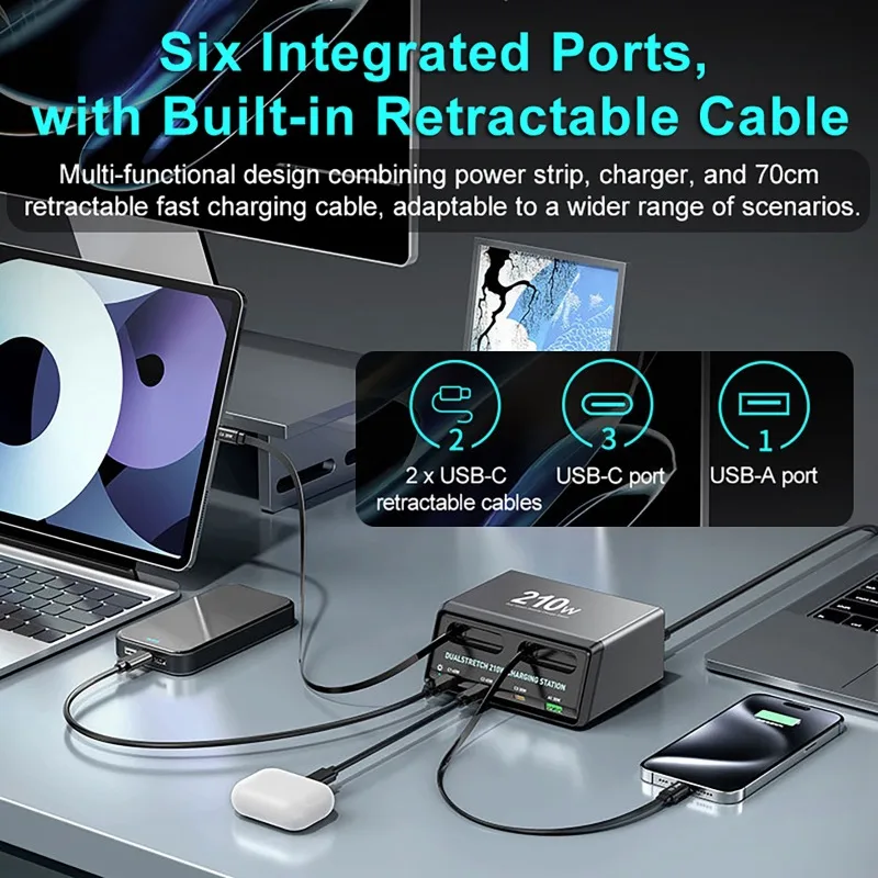 

Зарядная станция 210 Вт 6-в-1 с выдвижным кабелем USB-C, комбинированная зарядная башня для нескольких устройств, быстрое зарядное устройство для iPhone, AirPods