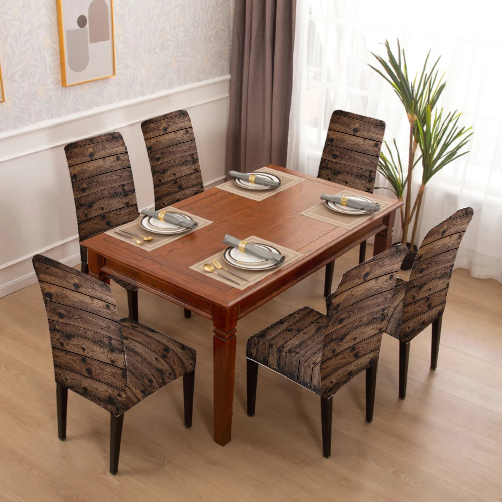 4/6pcs Elastic Chair Cover Rustic Dining Set with Wooden Table and Chairs for Home Decor Brown Patterned Seat Covers Spandex Dus